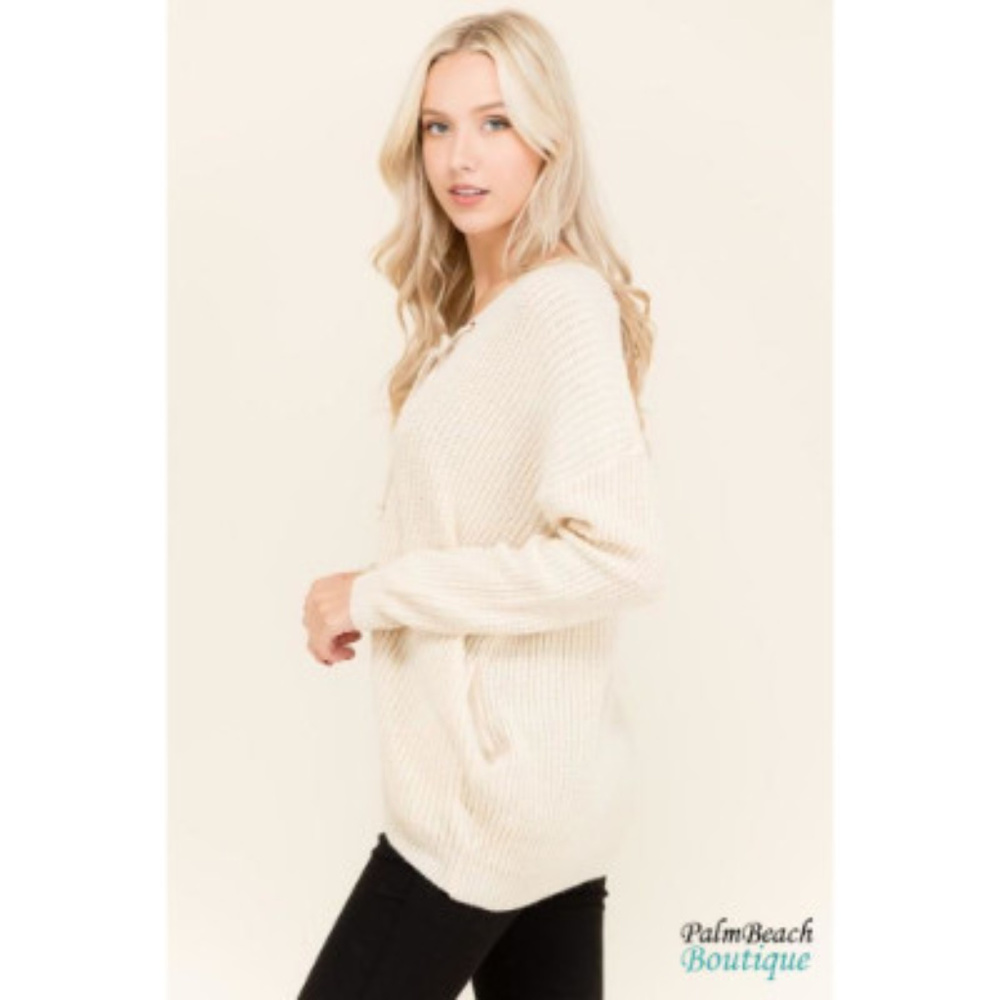Petal Roz Lace Up Front Cream Sweater - Picture 4 of 4